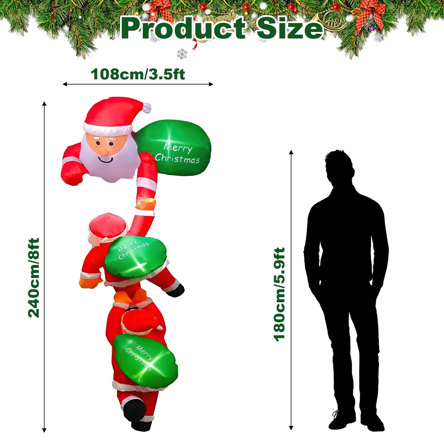 1Pc 8FT Climbing Inflatable Santa Claus With Light Hanging Blow Up Christmas Inflatable