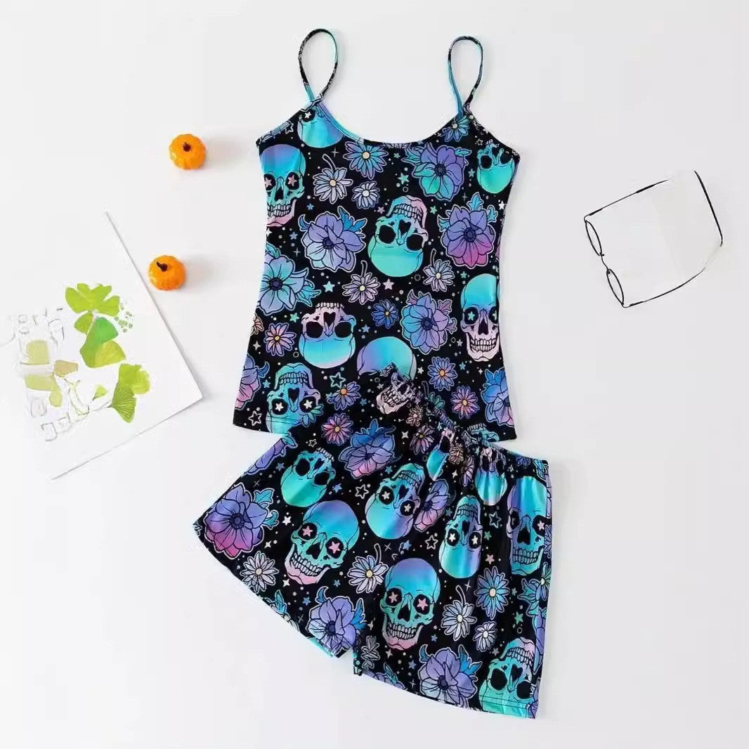 Halloween Skull Bone Flower Print Pajamas Suit