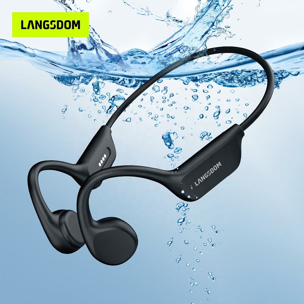 Black Langsdom AeroSwim wireless bone conduction earbuds with water droplets on a blue water background.