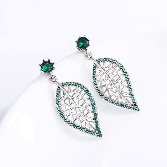 S925 Sterling Silver Jewelry Leaf Stud Earrings With Green Gems